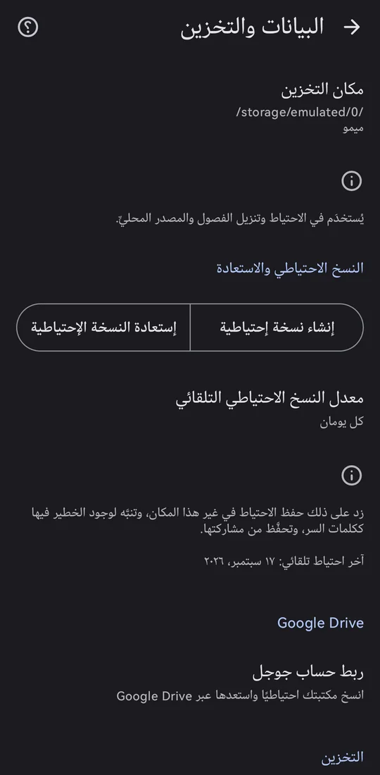 شاشة البيانات والتخزين: النسخ الاحتياطي التلقائي وربط Google Drive